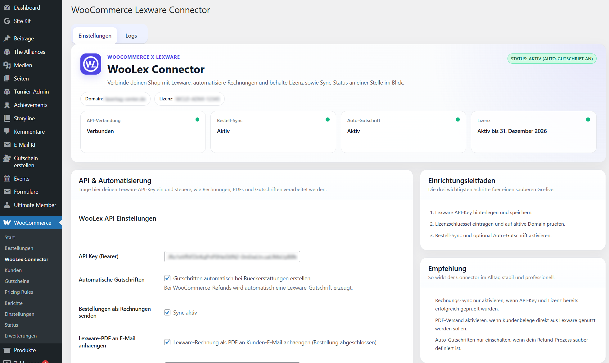 WooLex Dashboard mit Übersicht zu API, Lizenz und Synchronisation