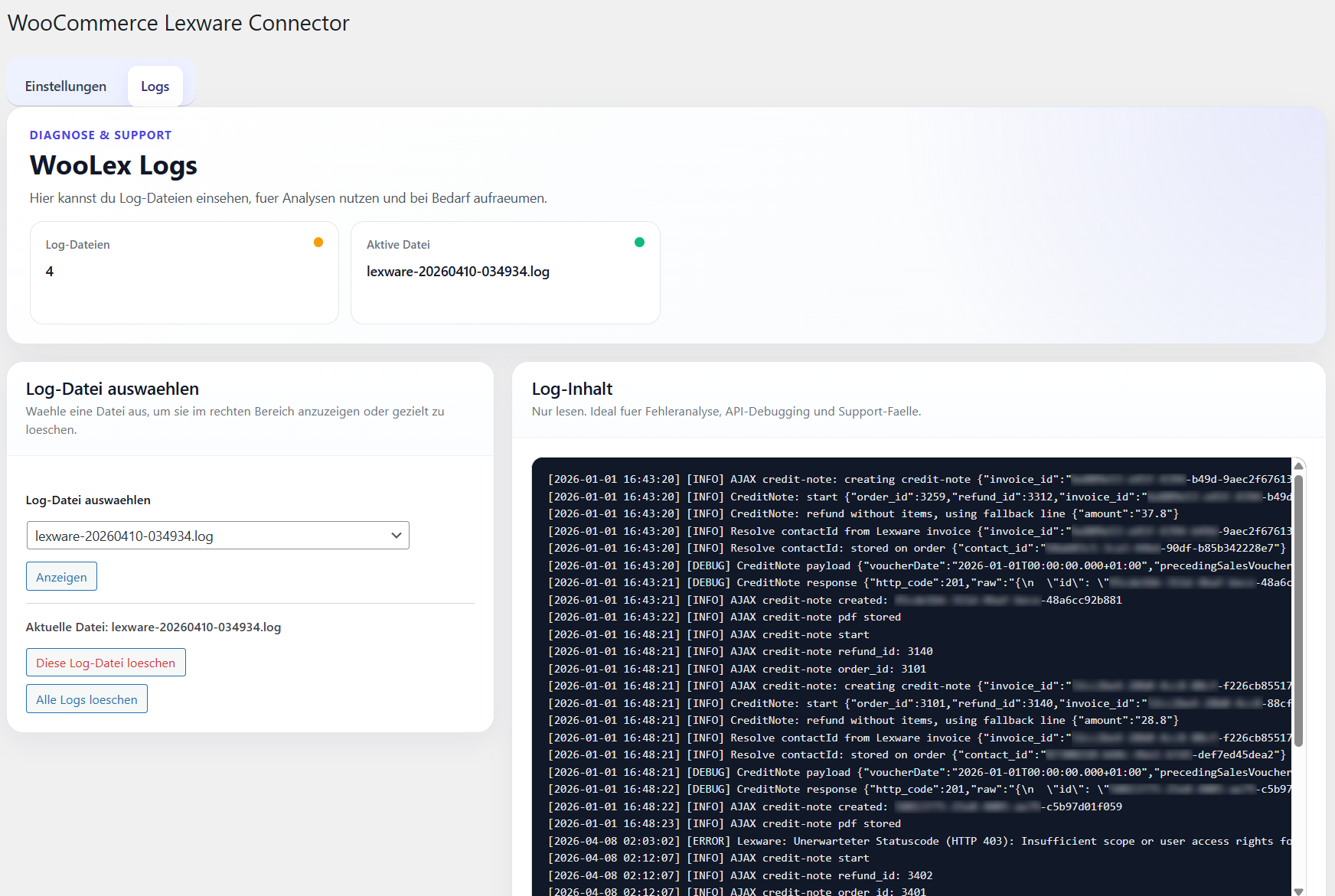 WooLex Log-Ansicht für Diagnose und Support