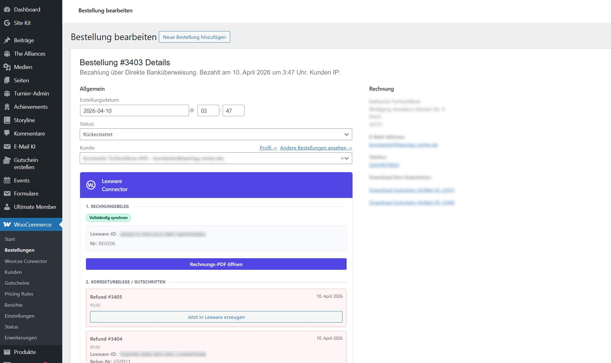 WooLex in einer WooCommerce-Bestellung mit Rechnung und Refunds